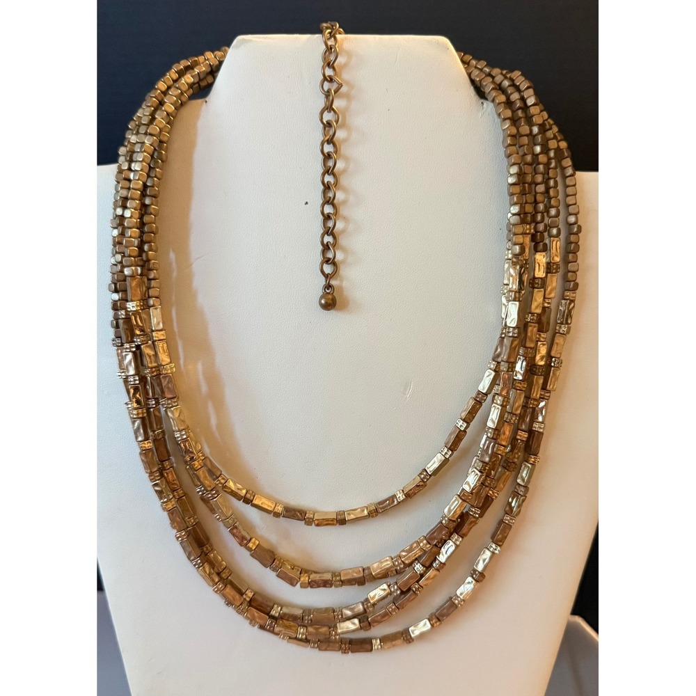 Chicos Womens Necklace Gold Multi Strand Tiered Beaded Statement Piece Boho